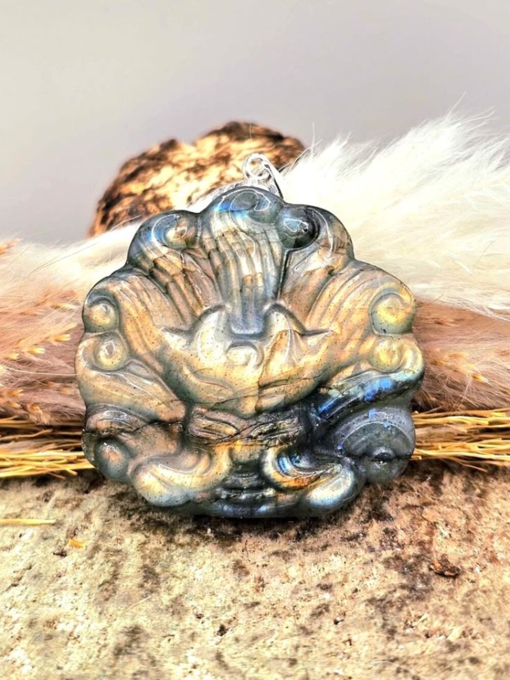 Nature Labradorite Nine Tails Fox God Pendant Necklace